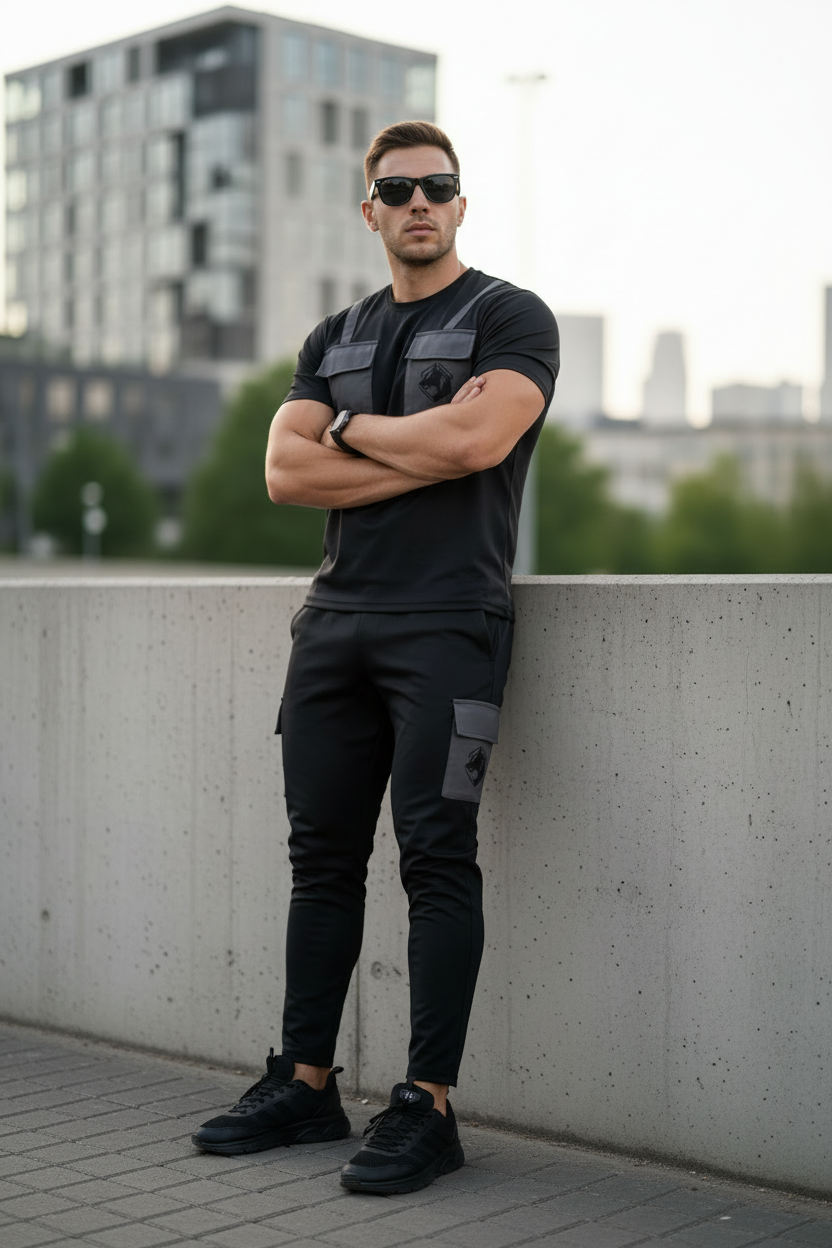 Model leaning against concrete wall