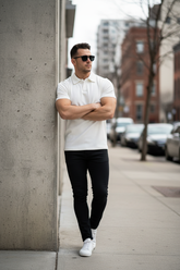 Model leaning with arms crossed
