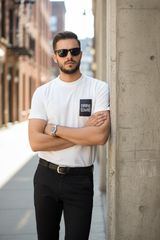 Model leaning with arms crossed