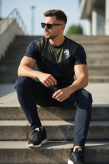 Model sitting on steps