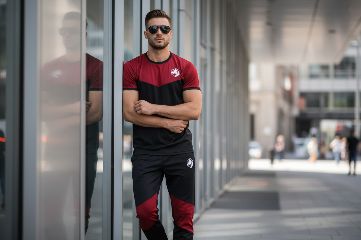 Model in red/black tracksuit - leaning