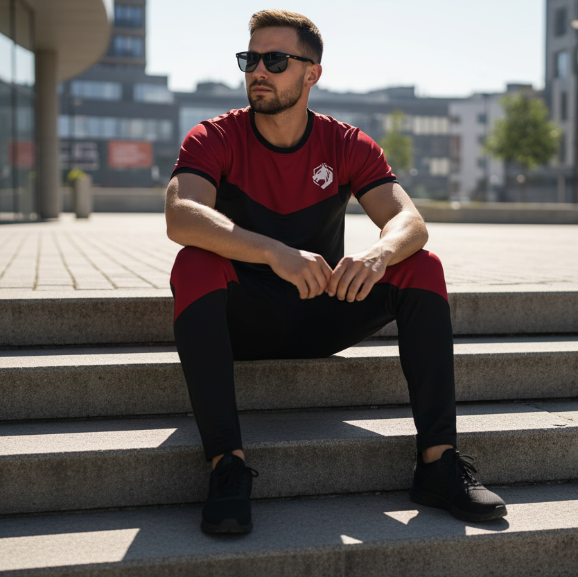 Model in red/black tracksuit - sitting