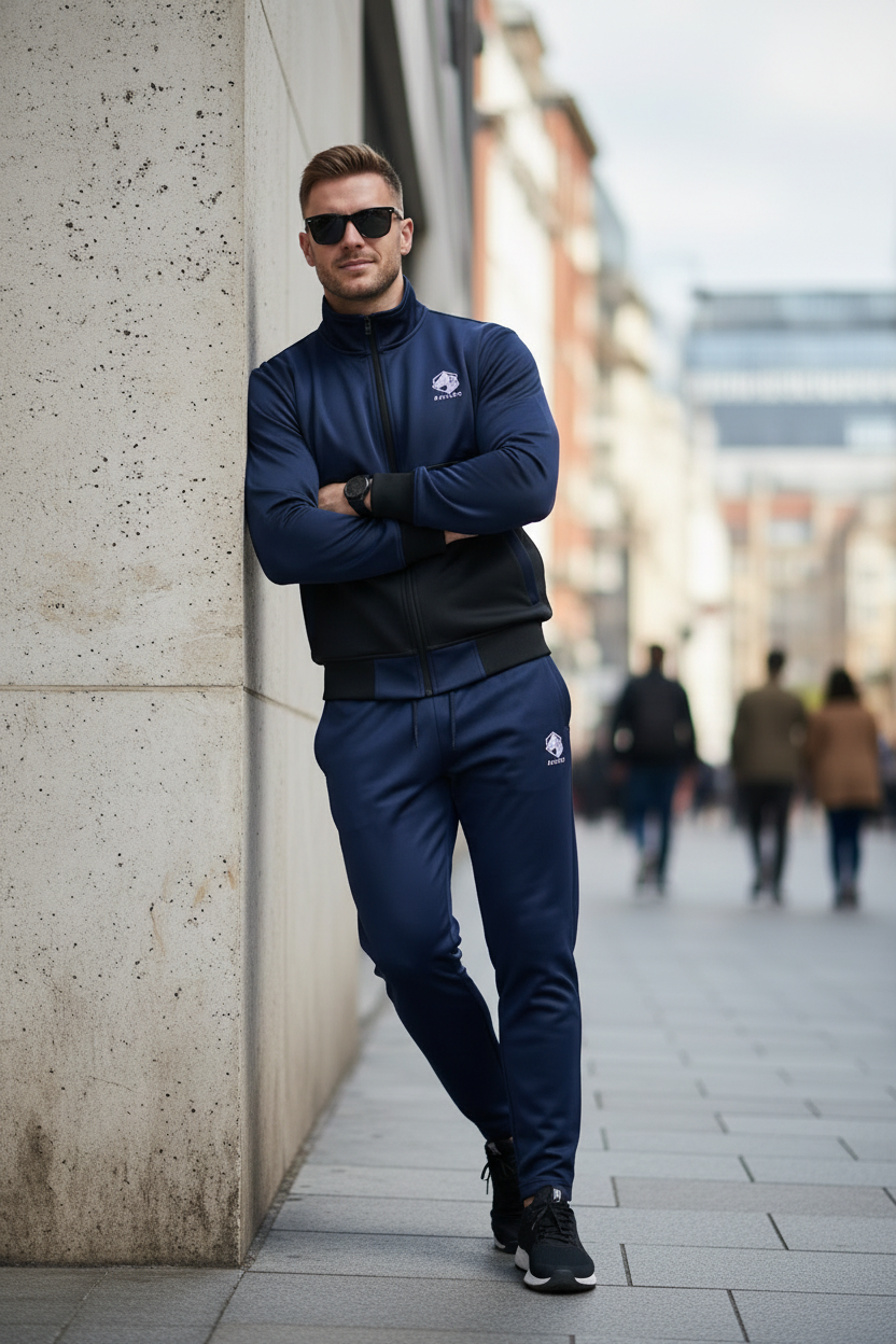 Model leaning against wall with arms crossed