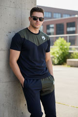 Model leaning against wall