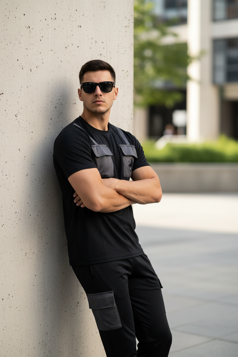 Model leaning with arms crossed