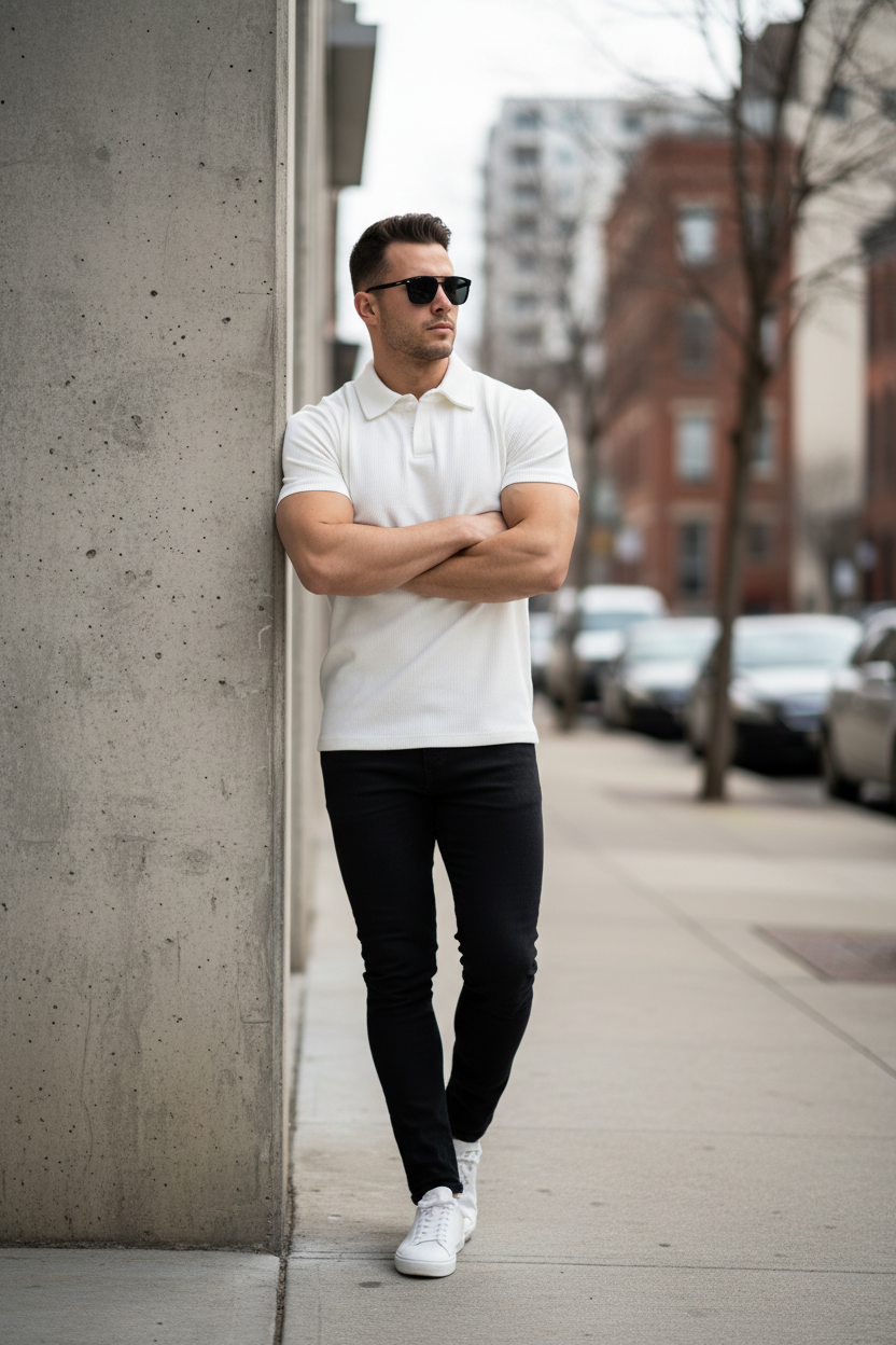 Model leaning with arms crossed