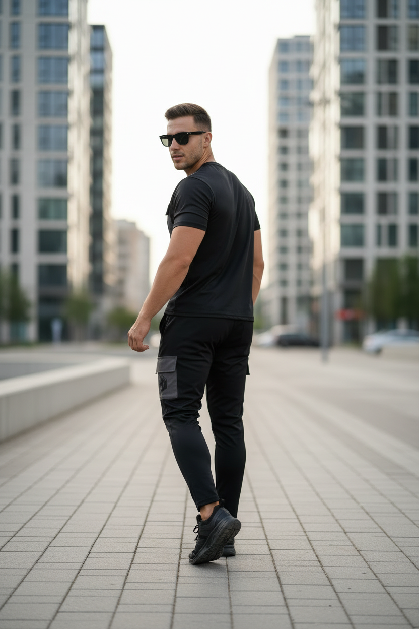 Model looking over shoulder