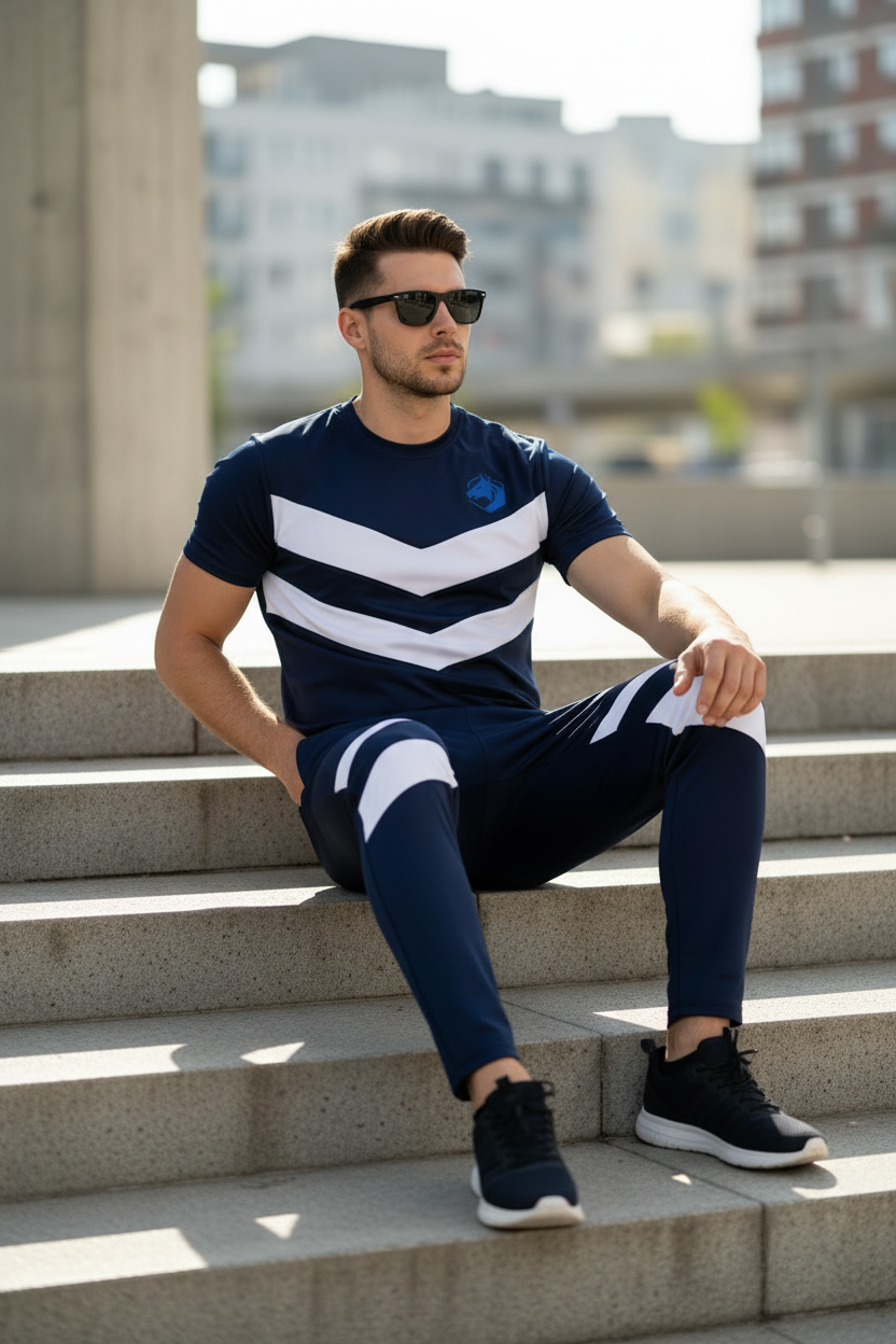 Model sitting casually on steps