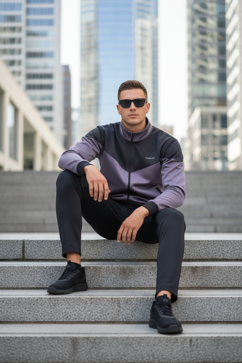 Model sitting casually on steps