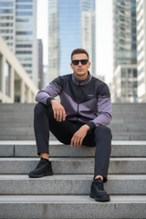 Model sitting casually on steps