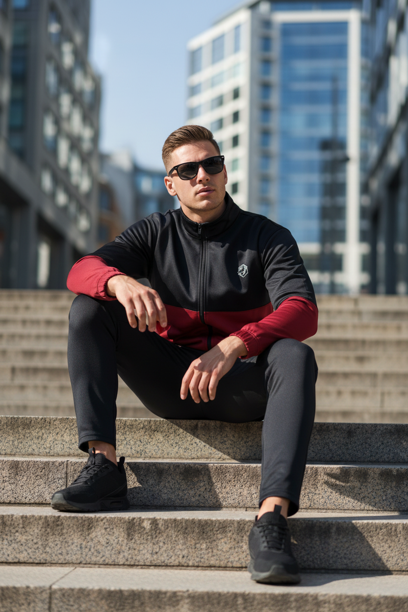 Model sitting casually on steps