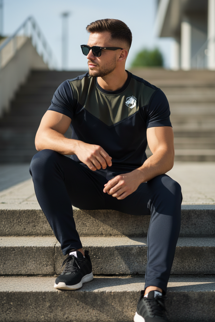 Model sitting on steps