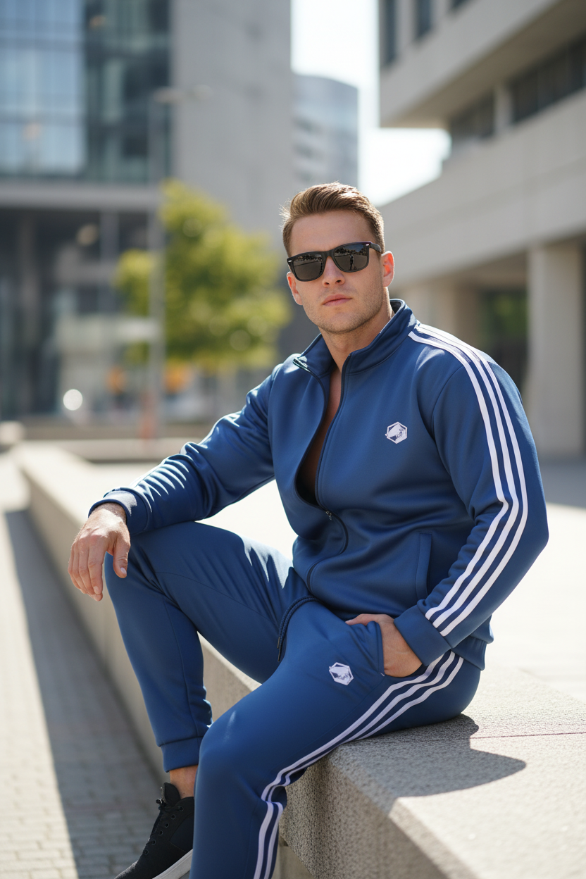 Model sitting on steps