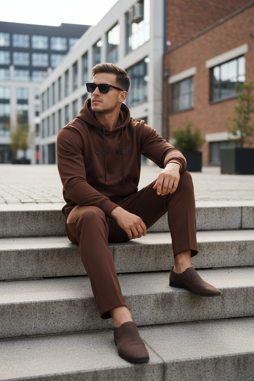 Model sitting on steps