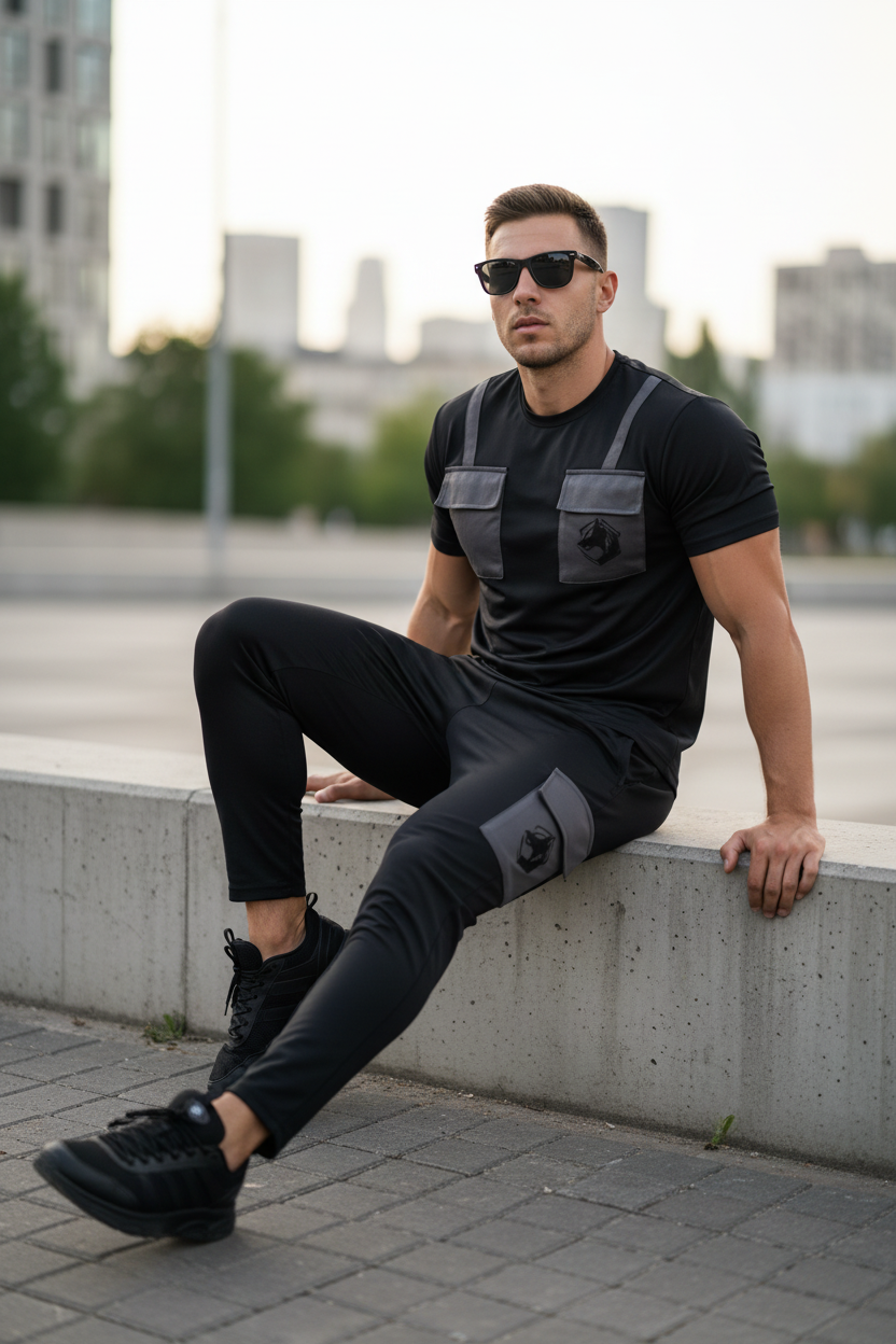 Model sitting on steps