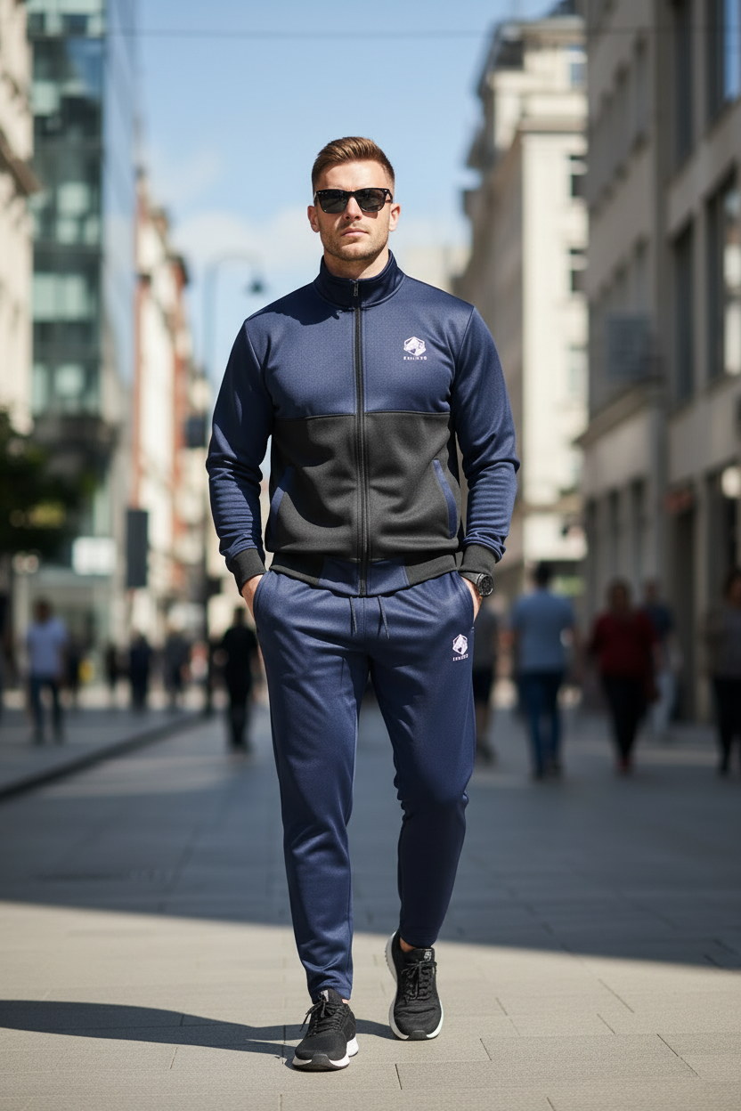 Model standing straight with hands in pockets